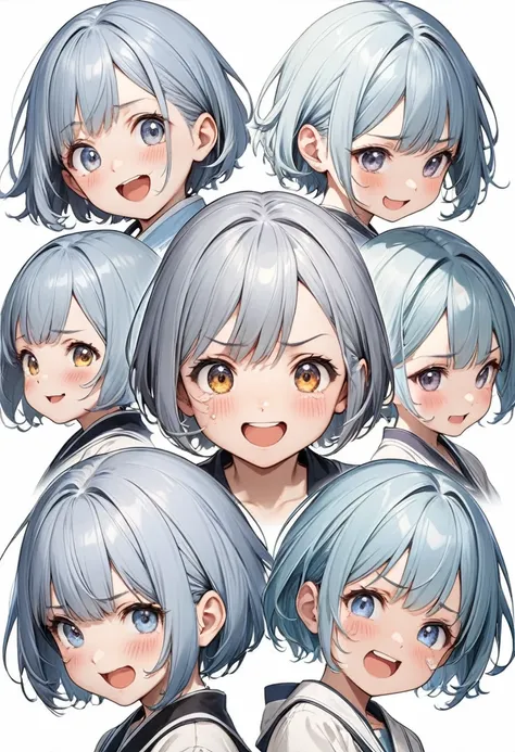  Accurate perfect anatomy of eight very cute little girls with different expressions, anime character image poses, light blue hair, very cute little girl with different expressions, kaki pants and different colored fir clothes (Hair style light basket shor...