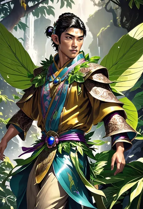 a 27 year old asian male fairy, a monk wearing ornament clothes, hawaiian leaves around his waist, sexy and confident, best qual...