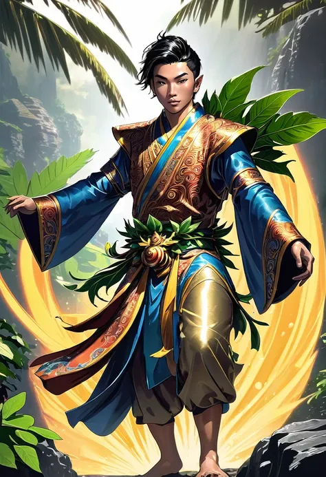 a 27 year old asian male fairy, a monk wearing ornament clothes, hawaiian leaves around his waist, sexy and confident, best qual...