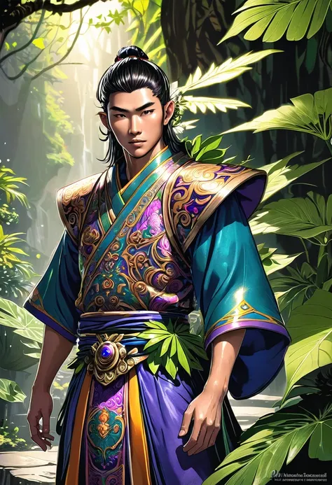 a 27 year old asian male fairy, a monk wearing ornament clothes, hawaiian leaves around his waist, sexy and confident, best qual...