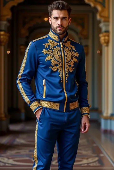 man wearing a royal-inspired tracksuit. The tracksuit should feature a deep, regal color like royal blue or emerald green, with luxurious golden accents. The design should include intricate embroidery or patterns reminiscent of royal insignias, crowns, or ...