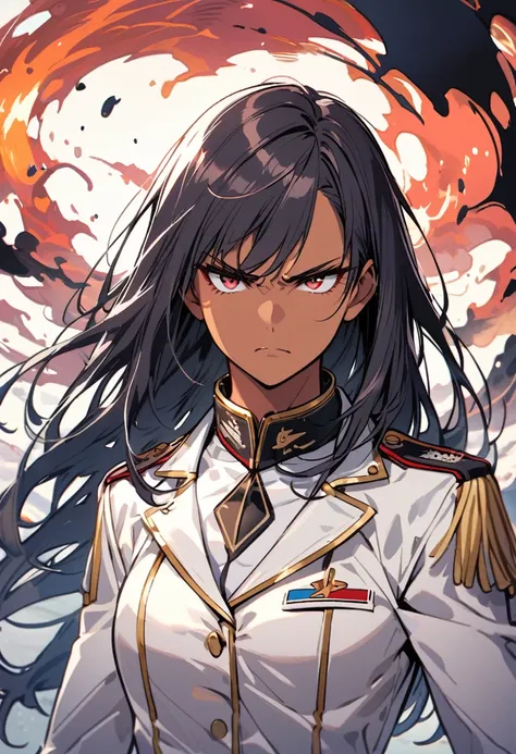 tan,dark long hair,serious face,marine,white uniform,expressif