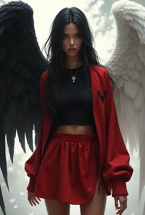 Light brown-skinned woman with long black hair and a white lock wearing a black shirt with a short red sweater that reaches above her waist and has a black logo on the sweater and a red skirt and has two-tone wings on her back, the right wing is completely...