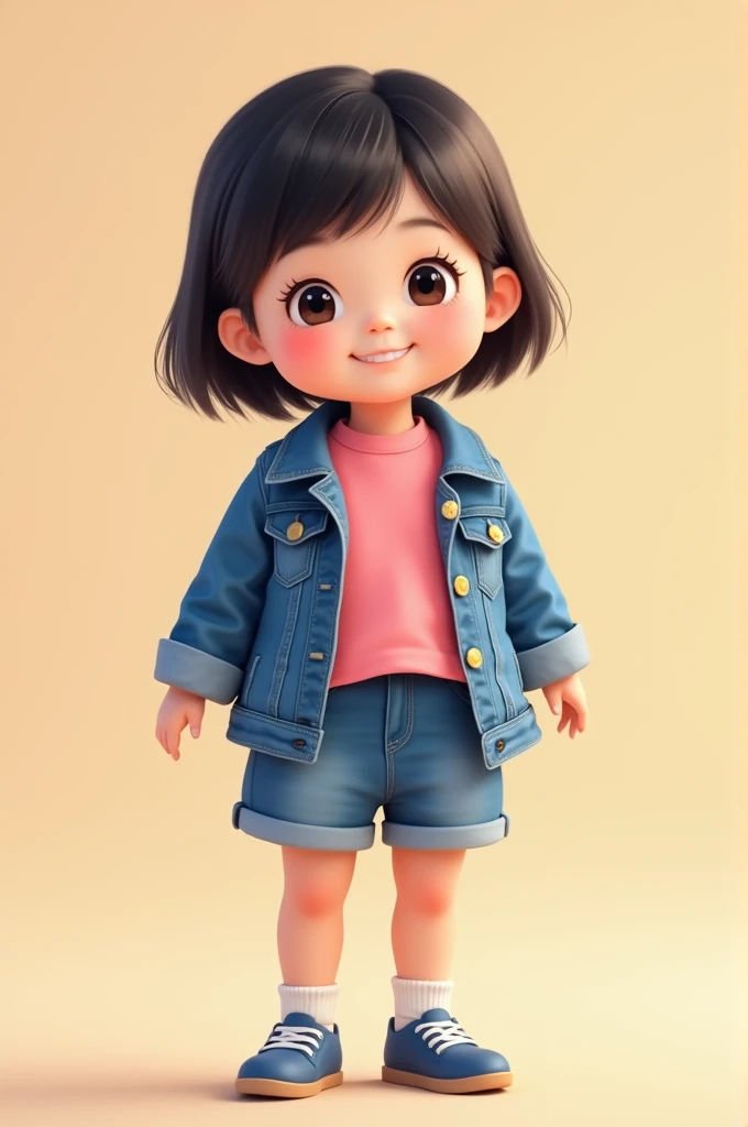 Generate image of a Toddler girl with chubby asian face with short straight hair with bangs wearing blue denim jacket paired with a solid pink t-shirt and a blue denim short skirt wearing matching shoes in a solid beige backdrop