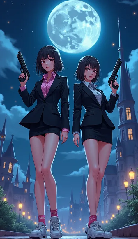 Two girls, japanese, "The first girl wear a black suit, pink shirt, black pencil skirt, black underpants, pink socks, white sneakers, holding a uzi handgun" and "The second girl wear a black suit, grey shirt, black pencil skirt, black underpants, grey sock...