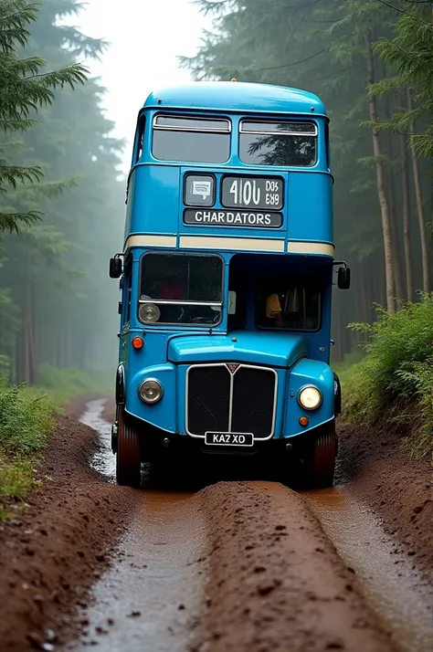 Blue double-decker bus stuck on a muddy hill on a road with trees on all sides