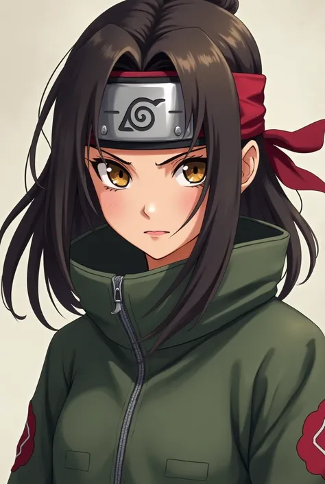 Girl with medium dark brown hair and brown eyes ninja in her hair a bandana from the village hidden under the leaves Character from the naruto anime 