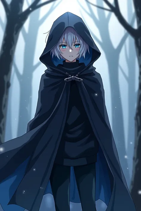 A anime boy wearing a black cloak, which extends down to his legs. Having white and messy hair, cyan blue eyes, his face is somewhat hidden by his hood. POV looking at boy, Boy looking down towards canpfire