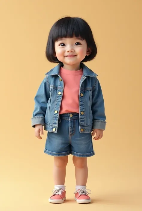 Generate image of a Toddler girl with chubby asian face with short straight hair with bangs wearing blue denim jacket paired with a solid pink t-shirt and a blue denim straight mini skirt wearing matching shoes in a solid beige backdrop