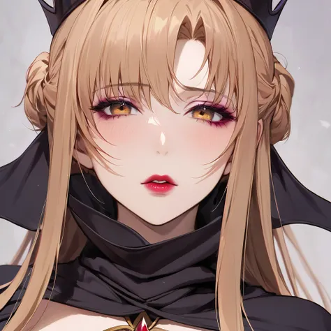 ((Highest quality)), ((masterpiece)), (detailed), （Perfect Face）、The woman is Asuna Yuki, the evil queen of Grimhild, with light brown, medium-long hair and gaudy makeup including lipstick and heavy eyeshadow.、The woman is a beautiful evil queen in the for...