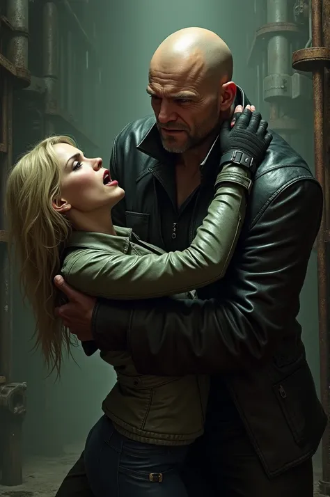 Carl Heisenberg from Resident Evil:Village holds a Russian blonde by the throat