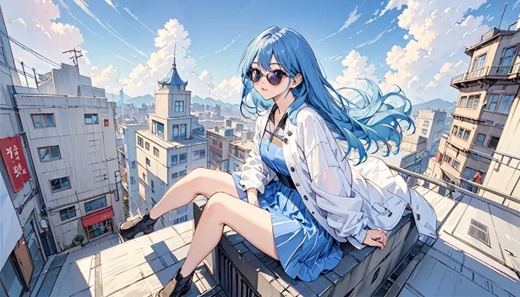 masterpiece、One Girl、Blue Hair、Fashionable clothes、White jacket、Background from the top of a building、sunglasses、Sit down、Low - Angle