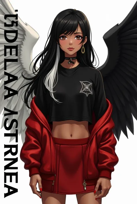 Light brown-skinned woman with long black hair and a white lock wearing a black shirt with a short red sweater that reaches above her waist and has a black logo on the sweater and a red skirt and has two-tone wings on her back, the right wing is completely...