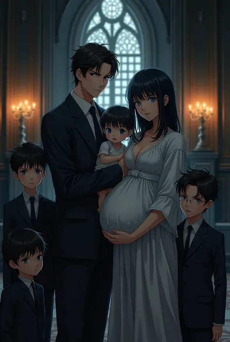 Create a family inside a mansion where everything is black and lit by torches. A fit 31 year old father with fair skin, short dark brown hair with waves, dressed smartly with dark blue eyes. A 29-year-old mother, 7 months pregnant, fair skin, black hair an...