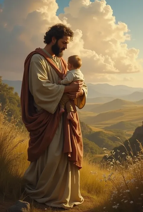 image of saint antoni standing in a beautiful landscape aged 20 years with a baby in his arms looking forward