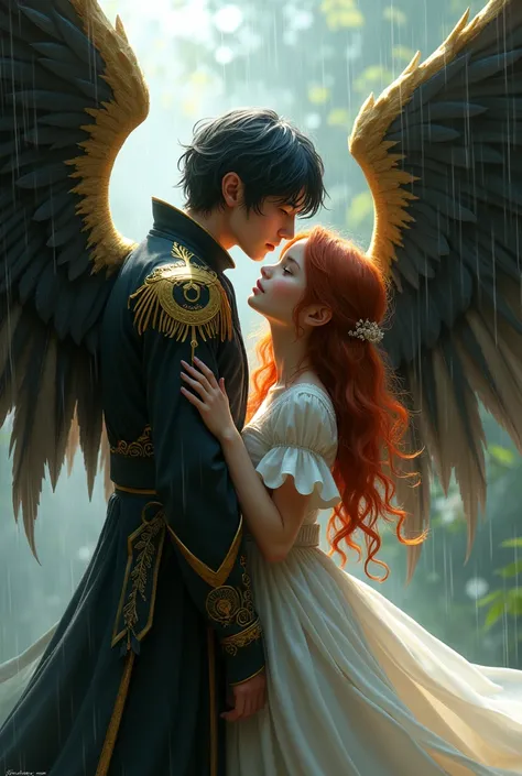 You can create an image of a couple, where the girl is thin, pale and freckled skin, with brown eyes, wavy reddish hair, He is 1m55 tall while the boy is a tall man, of a meter invention, with waist-length hair, lace and black, gold eyes, White skin, long ...