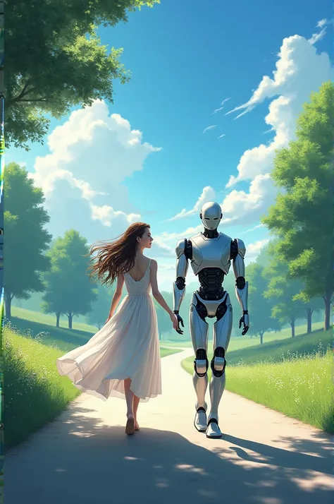  A beautiful Girl walking with robot on a road
