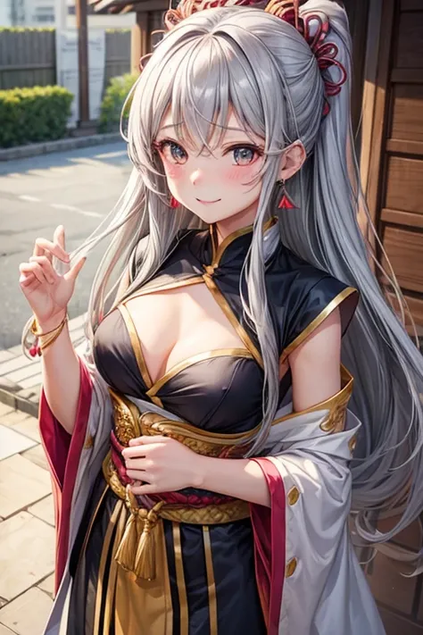 One girl, smile, chest, Long Hair, Blushing, Gray Hair, 大きなchest, Earrings, 三日月形のEarrings, 