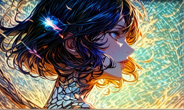 Woman, galaxy body, supernova hair, space void background, "Intricate anime character design inspired by One Piece, stunning lighting, centered character, stunning face, creative details, ultra-fine 2D design, scenery bathed in creativity, boasting 4K 2D a...