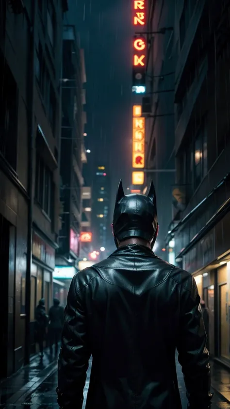 Robert Pattinsons Batman with mask seen from the back  in a rainy cyberpunk city,(ultrarrealistic),(no deffects),(perfect)