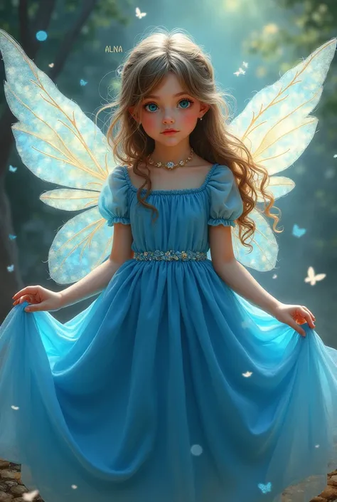 A girl wearing a blue colour  frock with wings and her name is ALNA i want the name top of the picture 
Where Is my name on the top of the picture 
