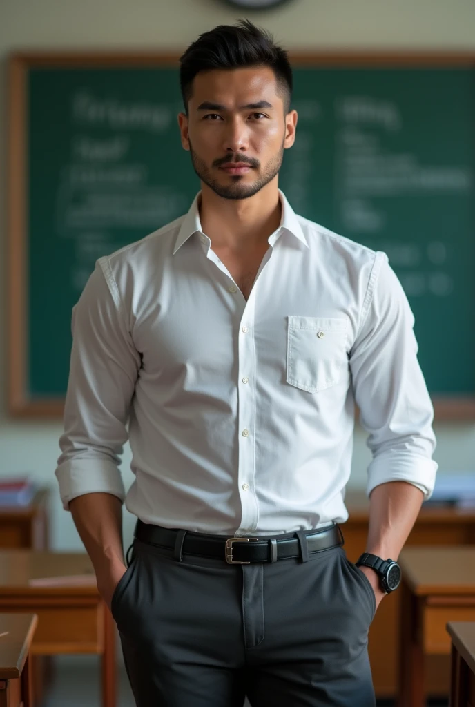 Vietnamese man, 30 years old, teacher,Handsome and elegant, Wearing a  uniform, sexy , Masculine and handsome，musculous，Muscles look good, with fair skin,, Full body photo,(ultra-detailed, photorealistic, best quality, 4k, 8k, highres, masterpiece:1.3), a ...