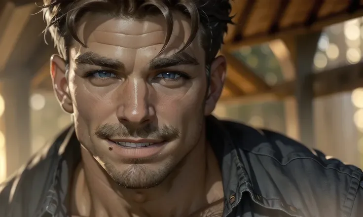 [((highly detailed, detailed eyes, detailed face, clear and realistic facial features, photorealistic, realistic light, cinematic)), (1 man), Mark is a handsome and alluring slender but muscular male farmer father middle-aged mature with short blond hair a...