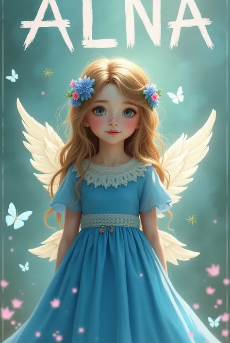 A girl wearing a blue colour  frock with wings and her name is ALNA i want the name top of the picture 
Where Is my name on the top of the picture 
I WANT MY NAME BIG VERY BIG  
WHERE IS MY NAME ON THE TOP OF THE PICTURE 
 
