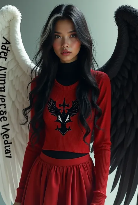 Light brown-skinned woman with long black hair and a white lock wearing a black shirt with a short red sweater that reaches above her waist and has a black logo on the sweater and a red skirt and has two-tone wings on her back, the right wing is completely...