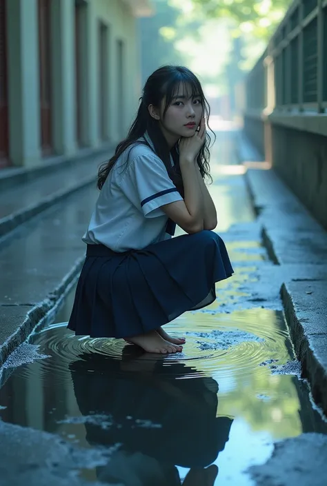 A beautiful woman wearing a school uniform, wearing a wide skirt, The girl squatted down and looked at the water that had pooled on the floor. , facing the camera