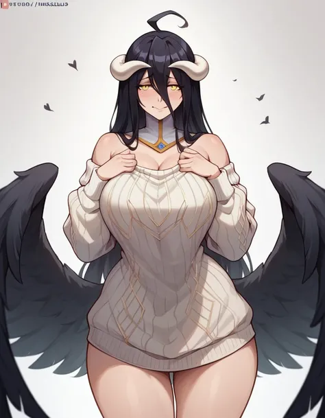 Albedo_overlord,black hair,curvy body,medium breast,big hips, wearing oversized sweater only, background removed,nsfw.