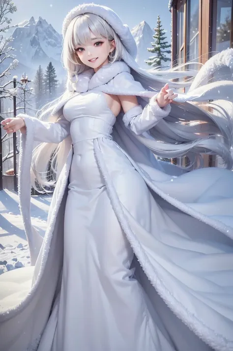 masterpiece、Highest quality、1 girl, winter, platinum blonde hair, Cute girl, smile, close mouse, medium breasts, sideboob:1.2, white dress, winter clothes, long skirt, Fur coat、Small waist、Thin legs、outdoors, front of the lake, snow falling, Prayer Pose, j...