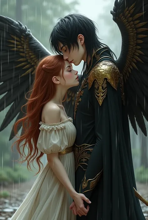 You can create an image of a couple, where the girl is thin, pale and freckled skin, with brown eyes, wavy reddish hair, mide 1m55. While the boy is a tall man, of a meter invention, with waist-length hair, lace and black, gold eyes, White skin, long wings...