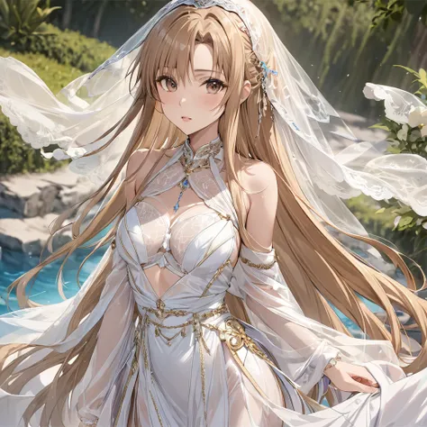 ((Highest quality)), ((masterpiece)), (detailed), （Perfect Face）、The woman is Yuuki Asuna, with light brown, semi-long hair, wearing a completely transparent outfit and veil, and adorned with luxurious accessories.