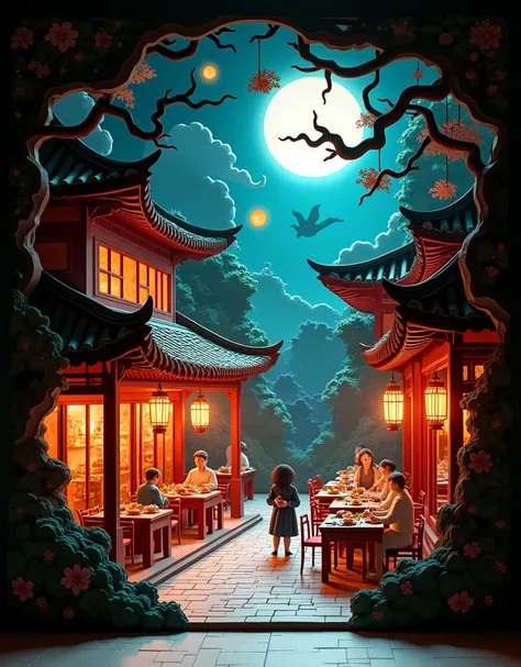 Papercut art. Kirigami. Origami. Illusion. A very detailed and intricate cutout of an ancient chinese restaurant with dishes of chinese food flowing, some monsters and trees flying around the dishes, mystery dark atmosphere at night, no human