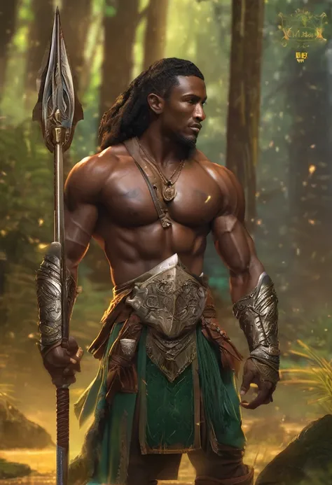 （masterpiece，top quality，best quality），Fix，Fixelart，Elf，Telegraph slang，（black skin），chest muscles，Abs，（Handsome man），Long spear，Warrior