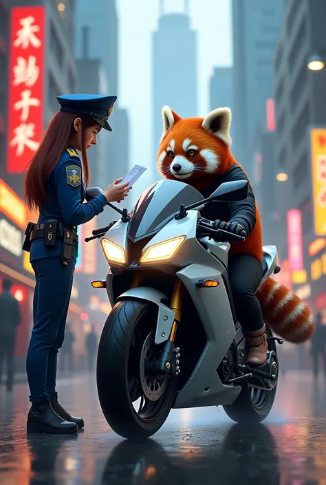 Red panda on motorbike ticketed by female police officer