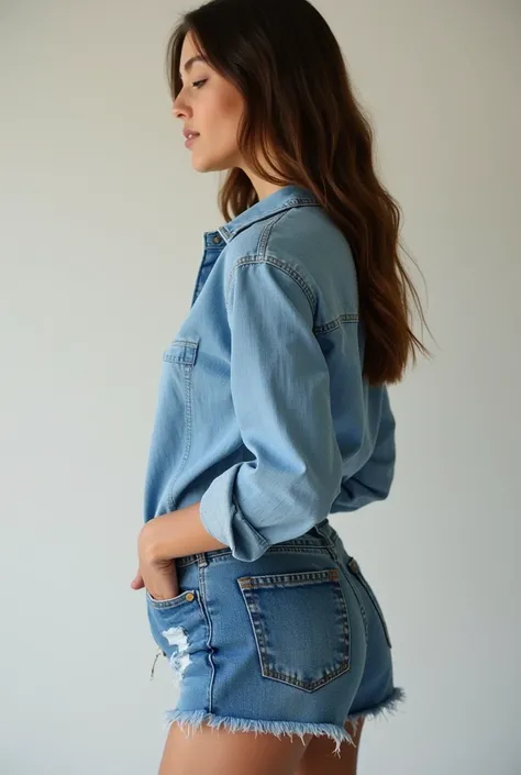 (view from right side) (Realisitc:1.5) woman Denim shorts with a button-up shirt 