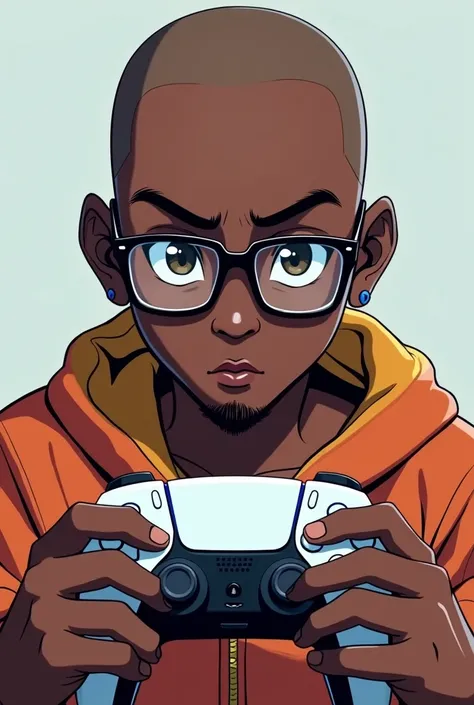 Black boy anime image, baldie, beard,square glasses, holding a PlayStation 5 controller with both hands