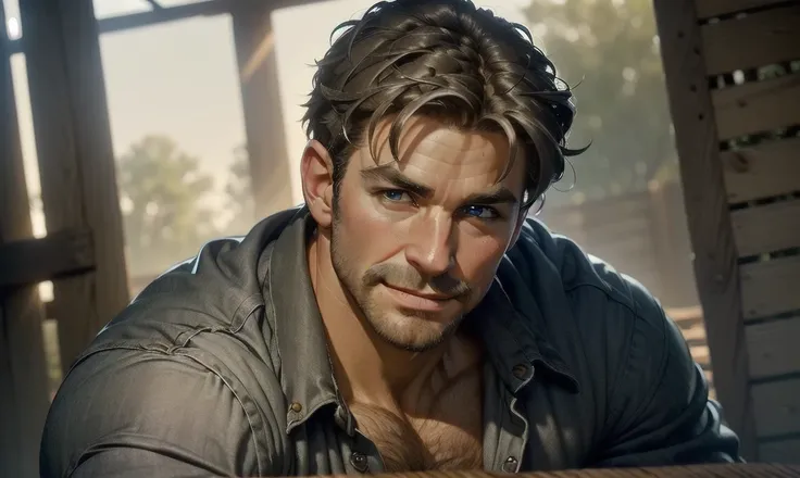 [((highly detailed, detailed eyes, detailed face, clear and realistic facial features, photorealistic, realistic light, cinematic)), (1 man), Mark is a handsome and alluring slender but muscular male farmer father middle-aged mature with short blond hair a...