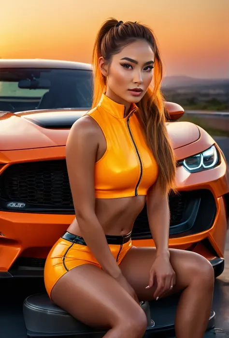 (Christina Chong beautiful face, narrowed eyes. smirk. black braided hair,) wearing (tight, fitted, snug) high cut latex booty shorts and cropped shirts stands between two (powerful, sleek) sitting on hood of Muscle Cars to start a race, engine roaring, in...