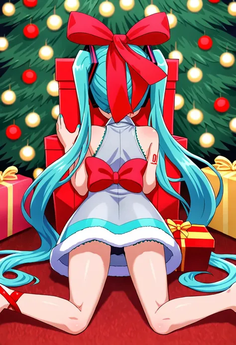 ((high quality:1.2)), source_anime, Anime style, 8k, extremely detailed, ((High detail:1.2)), (Hatsune Miku), a girl with 18 years old, (gift ribbons), BREAK,