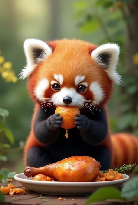 Baby red panda eats chicken