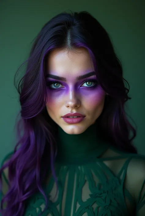 Woman,circus,haos,skin fair,cabelos longo purples,olhos purples naturais ((gorgeous eyes)),green clothing,coroa da wanda vision,((dark scenario))black forest,New Moon,haze ((purple))