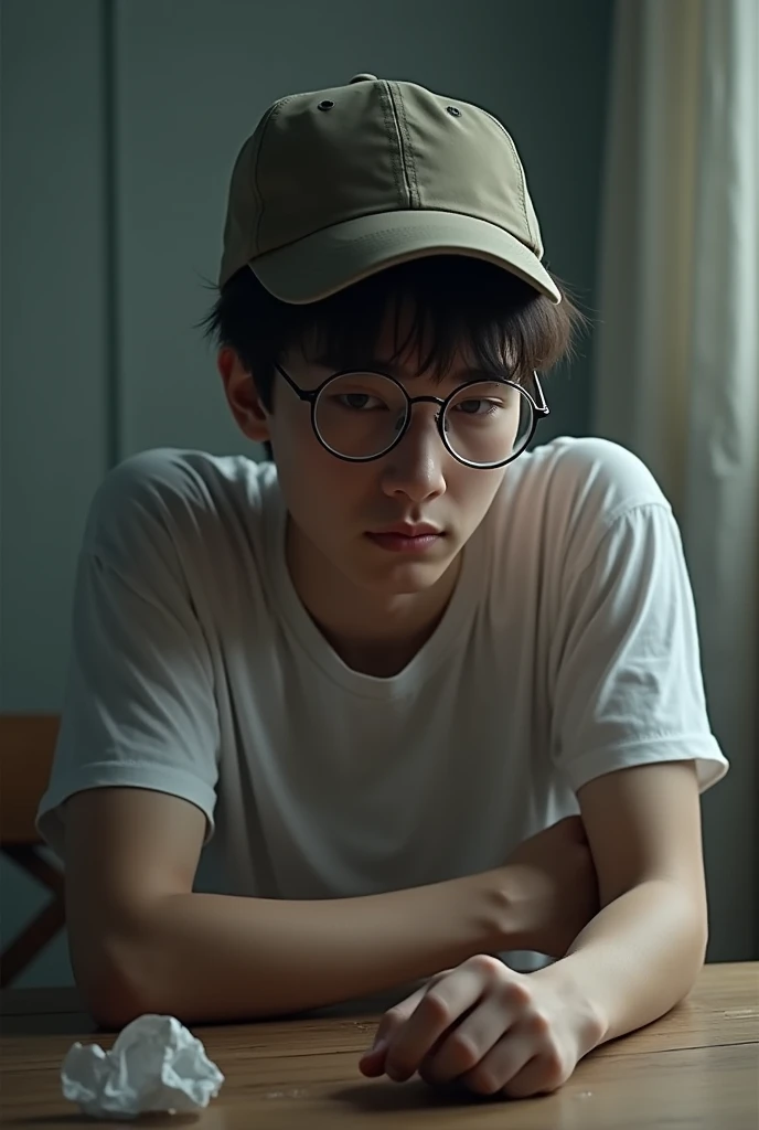 Young man with glasses and a cap sad after the end of a relationship 