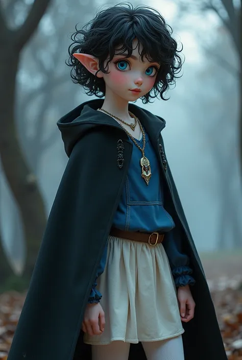 Elf 19 years old, Blue eyes, black short curly hair, white stockings, long skirt, and a nice cotton shirt and a blue jacket, black cloak