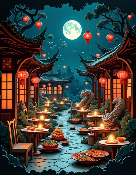 Papercut art. Kirigami. Origami. A very detailed and intricate cutout of an ancient chinese restaurant with dishes of chinese food flowing, some monsters and trees flying around the dishes, mystery dark atmosphere at night, no human being, no one, only foo...