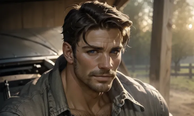 [((highly detailed, detailed eyes, detailed face, clear and realistic facial features, photorealistic, realistic light, cinematic)), (1 man), Mark is a handsome and alluring slender but muscular male farmer father middle-aged mature with short blond hair a...