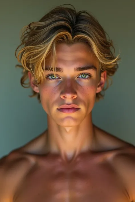 Hot 15 year old boy wavy hair blonde green eyes handsome muscular middle part wavy hair