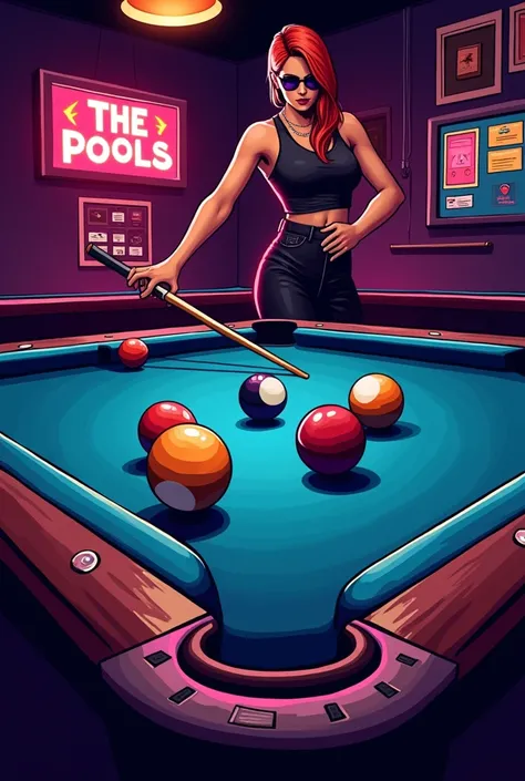 Make me a logo with an electronic theme of a group called Los "THE POOLS" with the background being electronic and billiards but that is more than cool and with some cigars and with an anti-fat sign